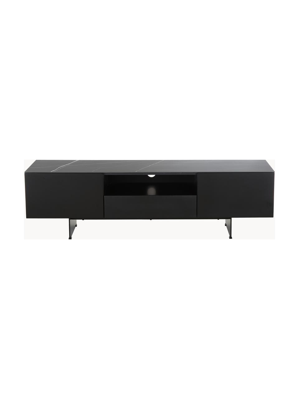 Meuble TV avec plateau aspect marbre Fiona, Noir, larg. 160 x haut. 46 cm