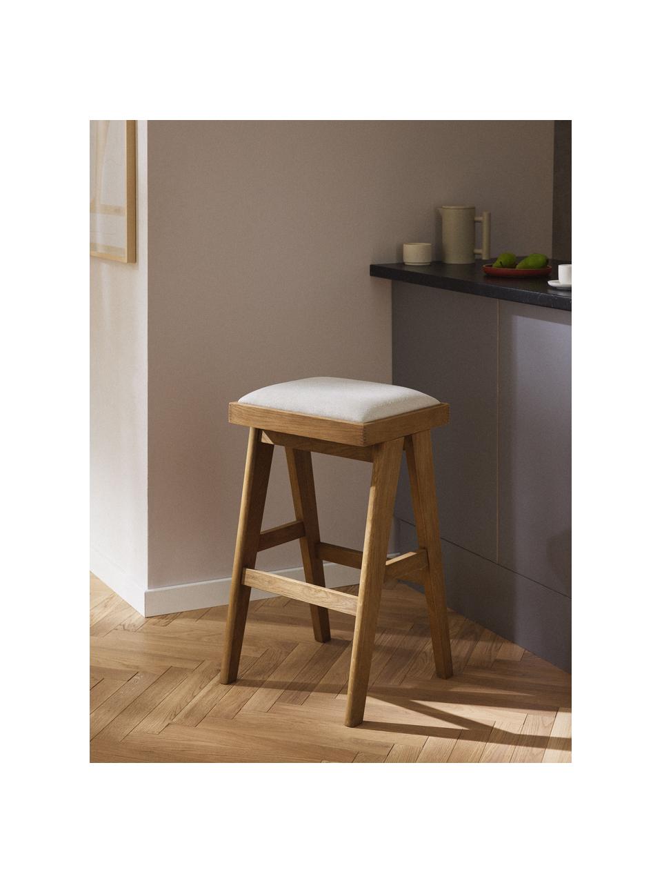 Tabouret de bar rembourré Sissi, Tissu blanc crème, chêne clair, larg. 46 x haut. 69 cm