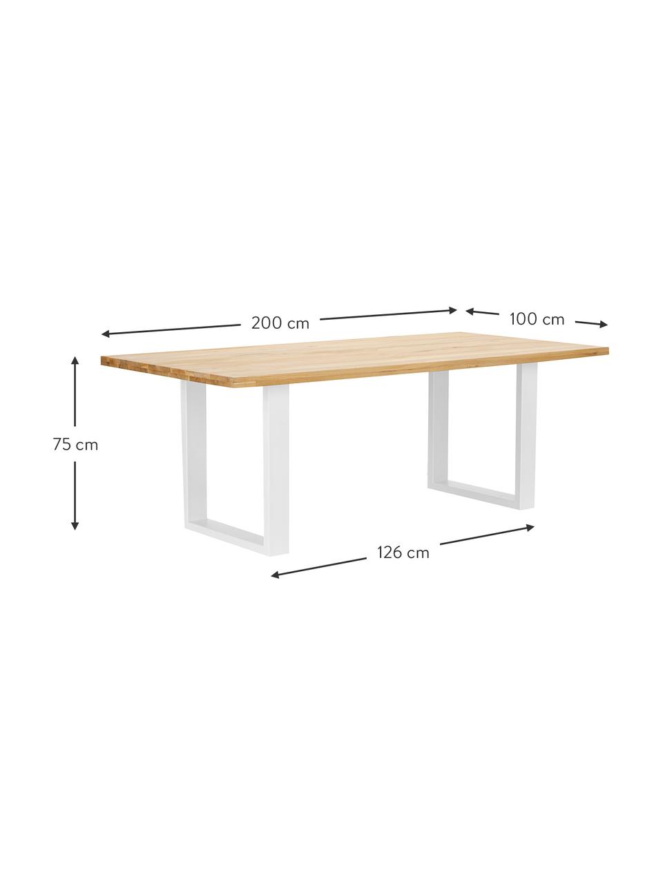 Tavolo con piano in legno massello Oliver, Piano del tavolo: legno massiccio di querci, Gambe: metallo laccato, Quercia selvatica, bianco, Larg. 180 x Prof. 90 cm