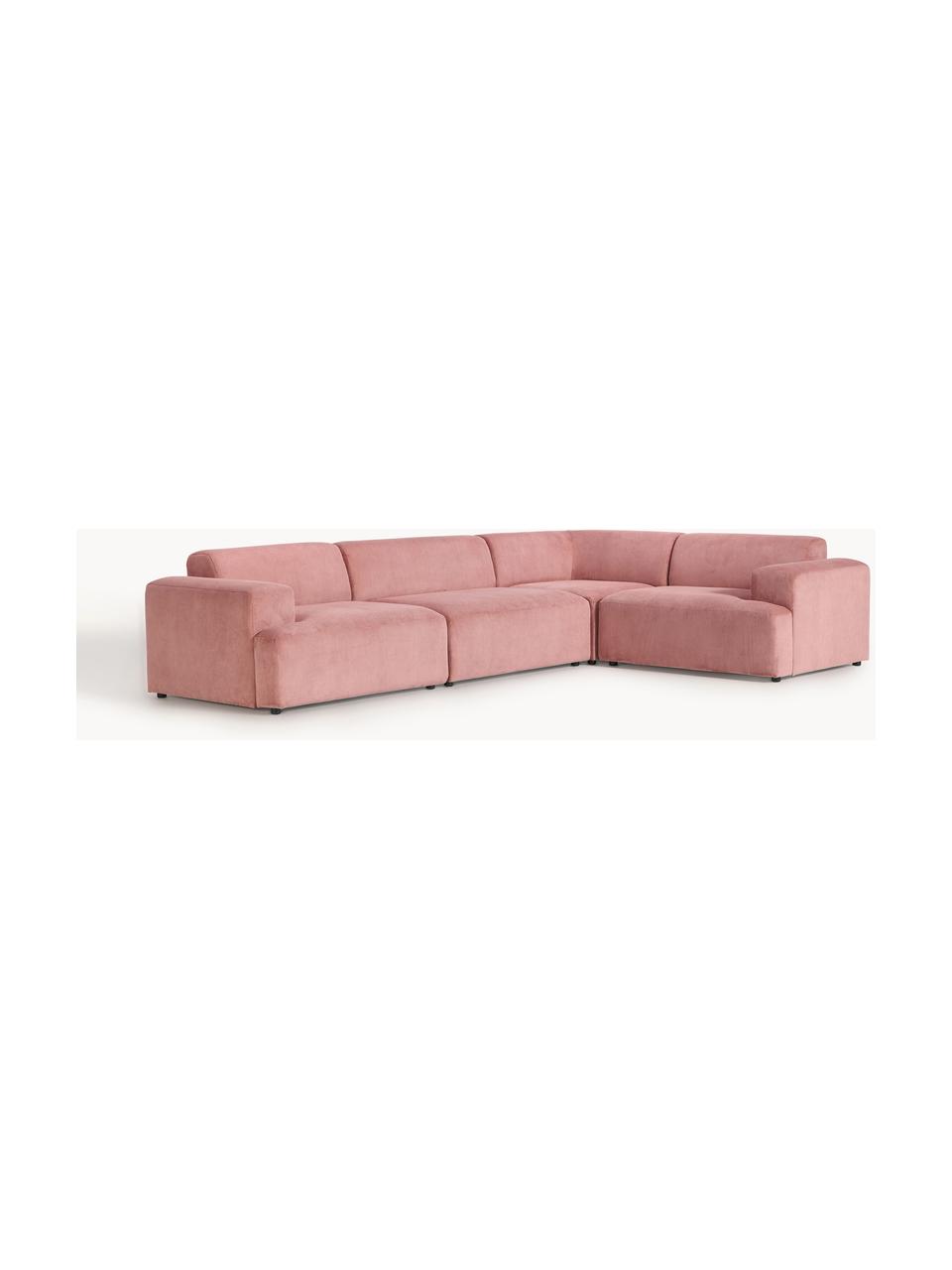 Großes Ecksofa Melva (4-Sitzer) aus Cord, Bezug: Cord (92 % Polyester, 8 %, Gestell: Massives Kiefernholz, Spe, Füße: Kunststoff Dieses Produkt, Cord Altrosa, B 339 x T 220 cm, Eckteil links