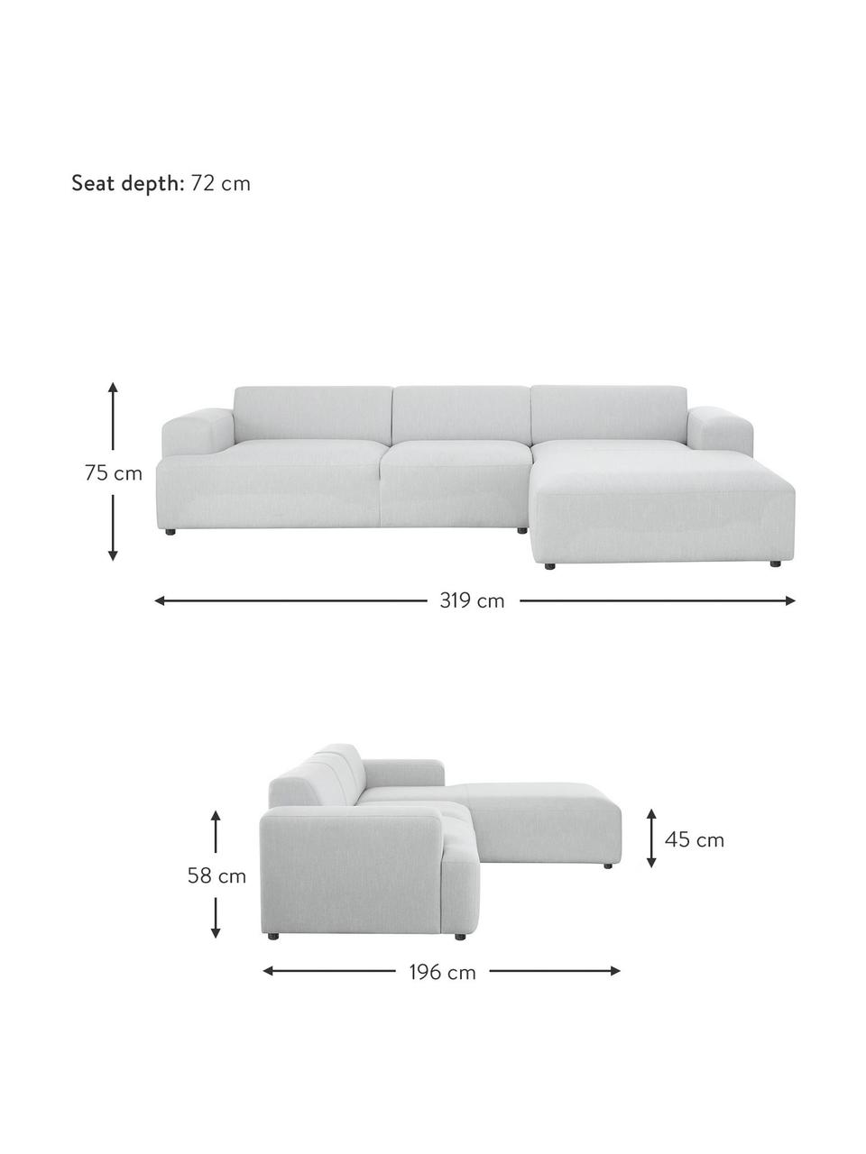 Canapé d'angle 4 places gris clair Melva, Tissu gris clair, larg. 319 x prof. 196 cm, méridienne à droite