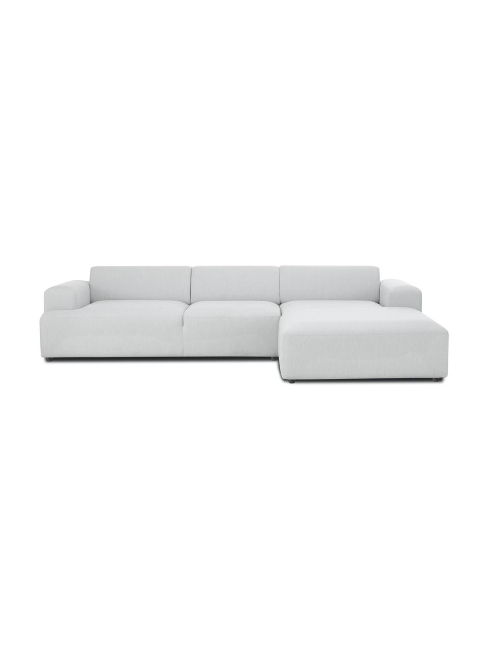 Sofa narożna Melva (4-osobowa), Tapicerka: 100% poliester Dzięki tka, Stelaż: lite drewno sosnowe z cer, Nogi: tworzywo sztuczne, Jasnoszara tkanina, S 319 x G 196 cm, prawostronna