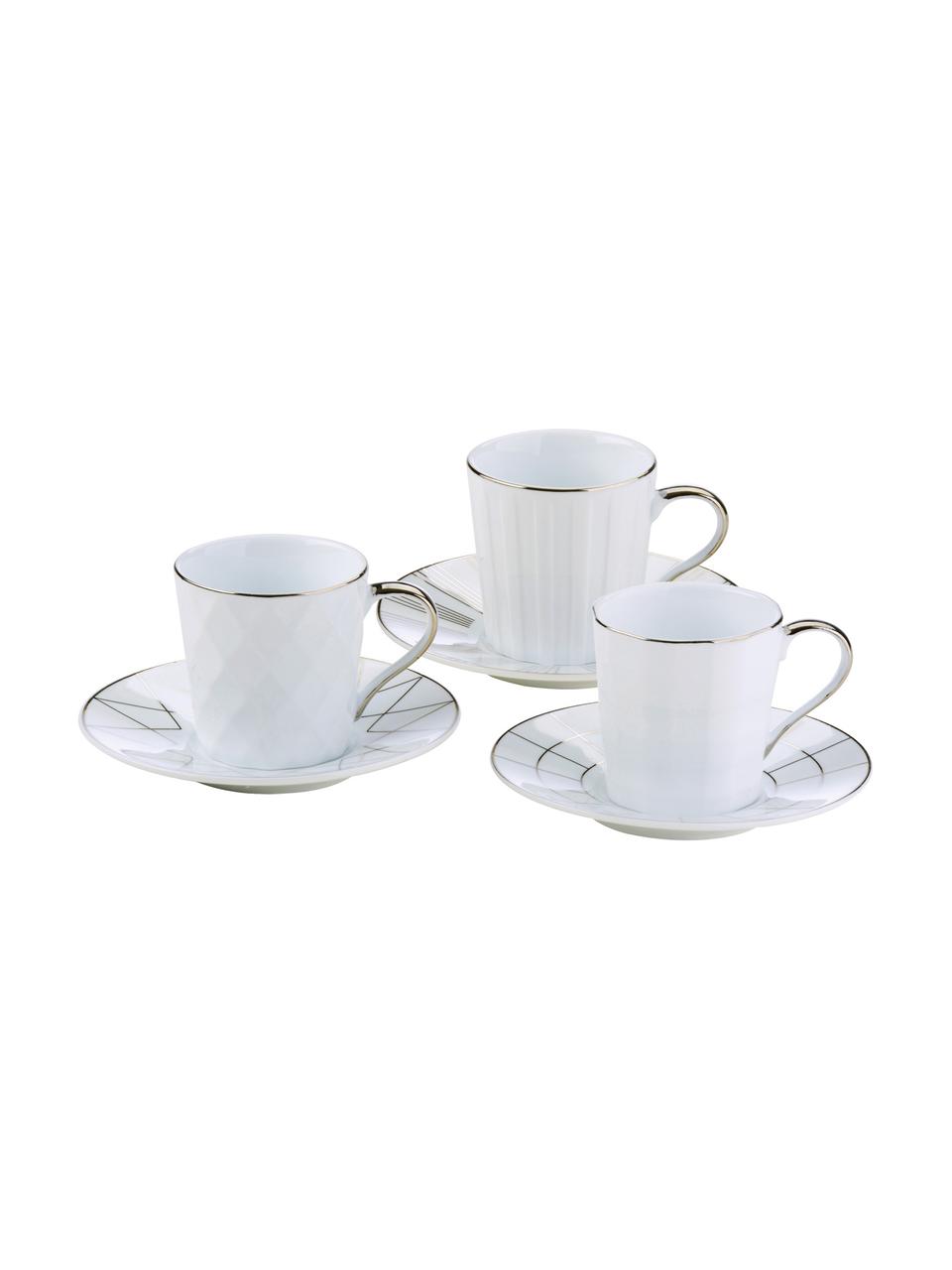 Espressokopjes met schoteltjes Lux met zilveren decoratie, 3 stuks, Porselein, Wit, platinakleurig, Ø 12 x H 6 cm