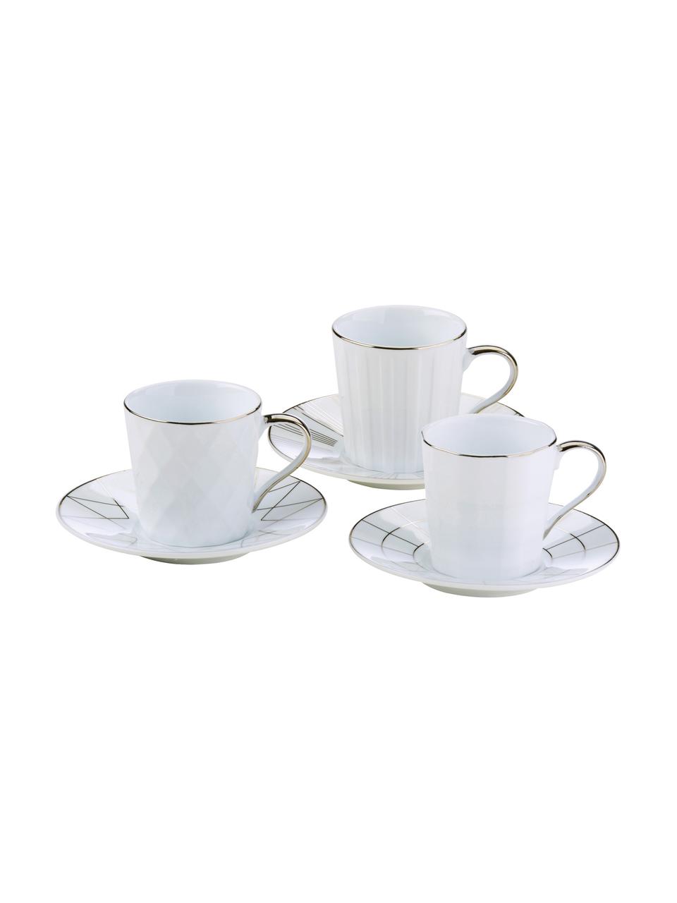 Tazas con platitos Lux, 3 uds., Porcelana, Blanco, platino, Ø 12 x Al 6 cm