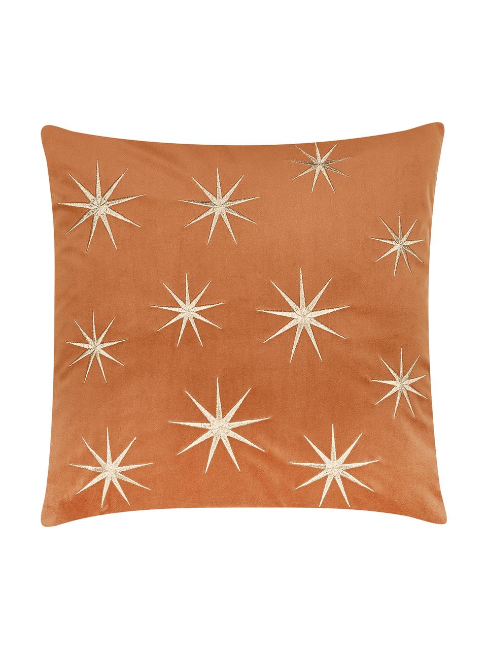 Bestickte Samt-Kissenhülle Stars mit winterlichen Sternenmotiven, Orange, 45 x 45 cm