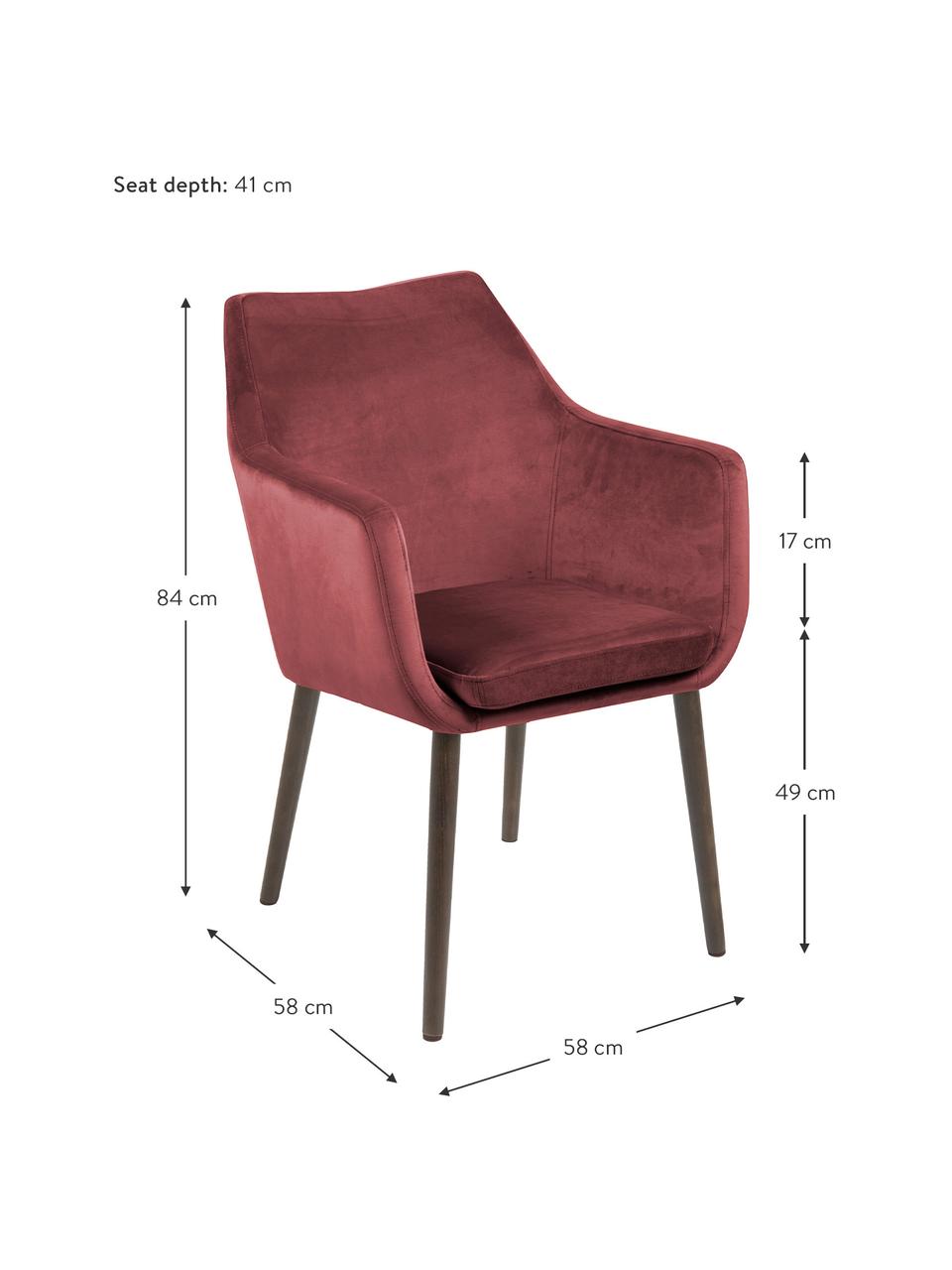 Sedia imbottita in velluto con braccioli Nora, Rivestimento: velluto di poliestere Il , Gambe: metallo rivestito, Rosso corallo, nero, Larg. 58 x Prof. 58 cm