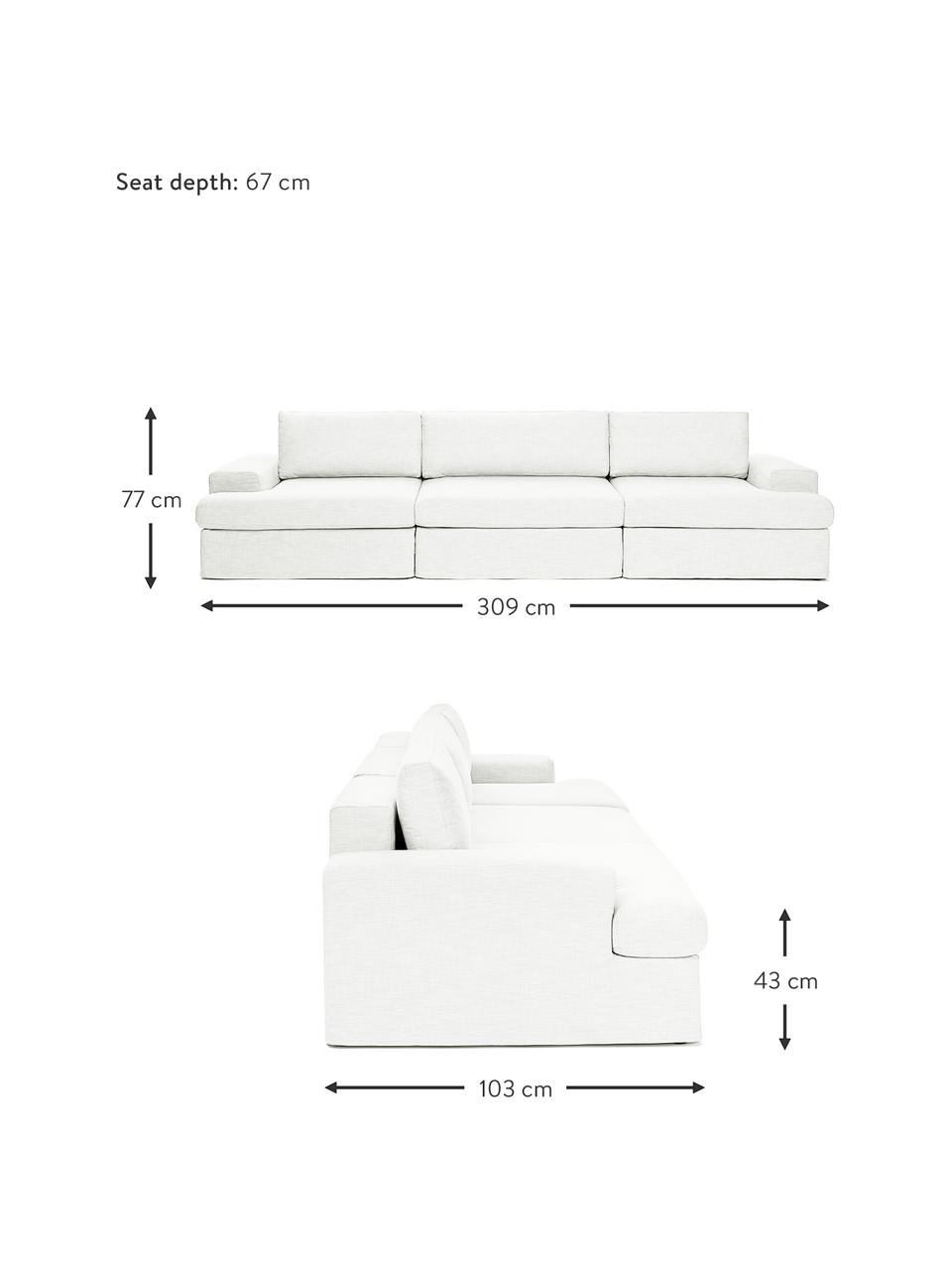 Divano componibile 4 posti con rivestimento sfoderabile Russell, Rivestimento: 100% cotone Con 50.000 ci, Struttura: legno di pino massiccio c, Gambe: plastica, Tessuto bianco latte, Larg. 309 x Prof. 103 cm