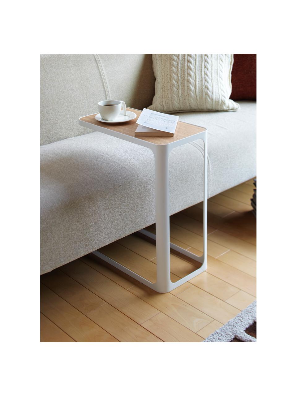 Stolik pomocniczy z drewnianym blatem Frame, Stelaż: stal malowana proszkowo, Blat: drewno naturalne, Biały, jasne drewno naturalne, S 45 x W 52 cm