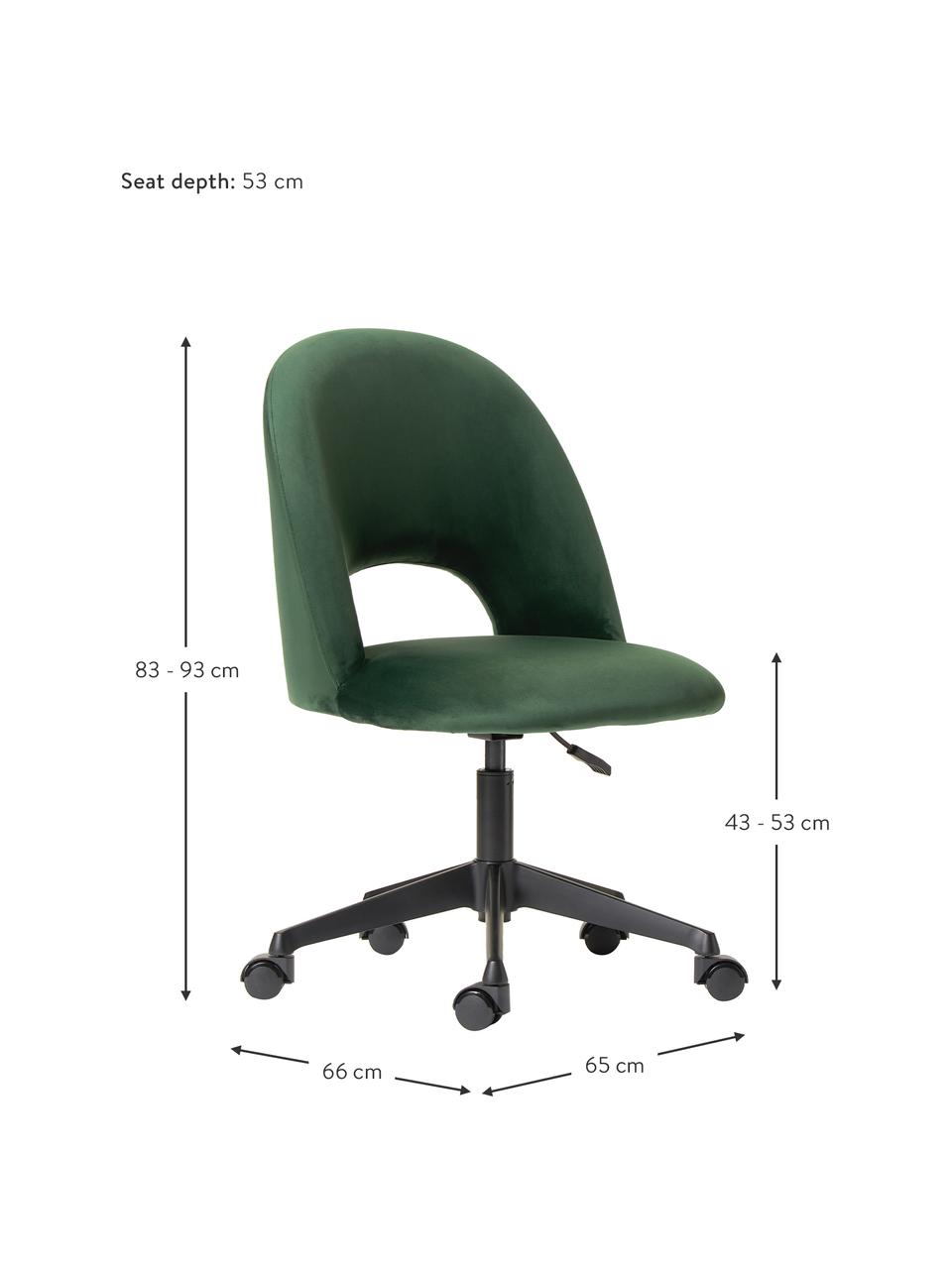 Silla de oficina de terciopelo Rachel, altura regulable, Tapizado: terciopelo (poliéster) Al, Patas: metal con pintura en polv, Terciopelo verde oscuro, An 65 x F 66 cm