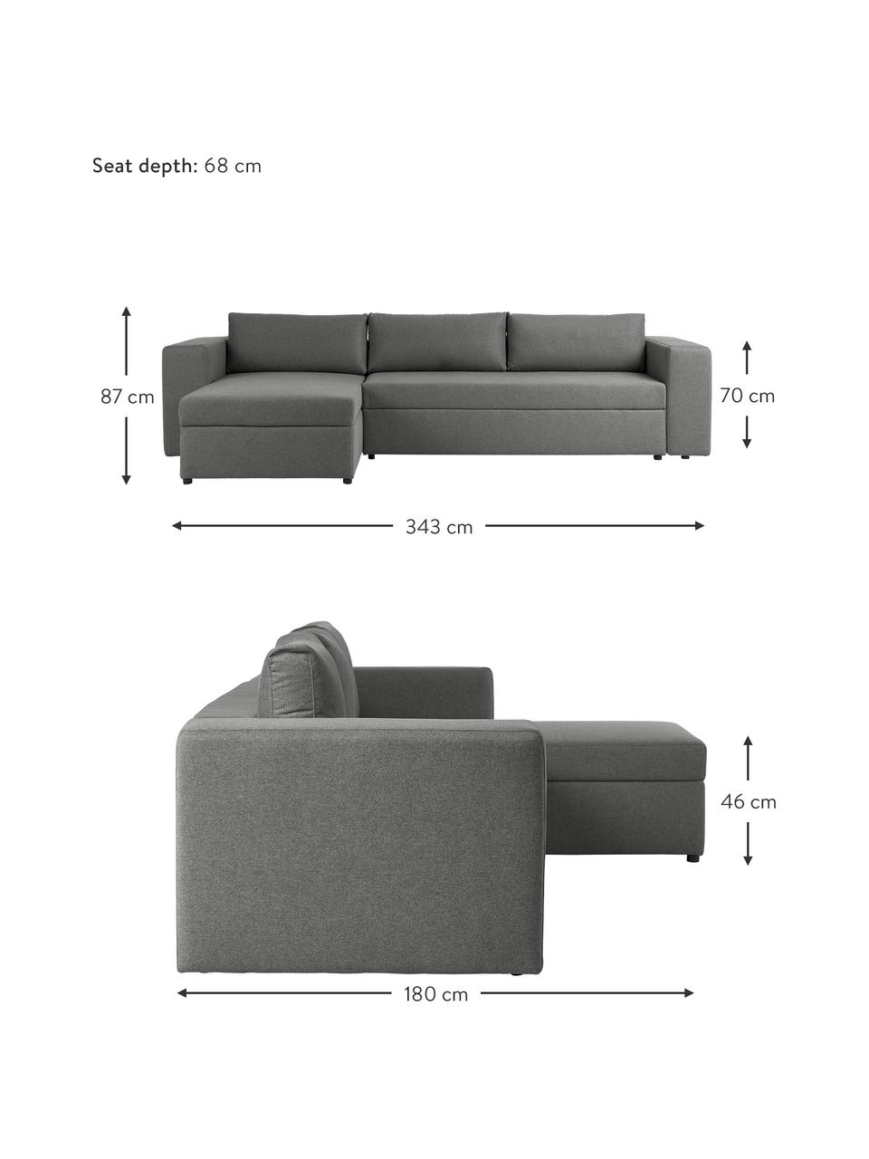 Grote slaapbank Noah (4-zits) met opbergruimte, Bekleding: polyester, Frame: grenenhout, Frame: massief beukenhout, FSC-g, Poten: kunststof, Geweven stof donkergrijs, B 343 x D 180 cm, hoekdeel links