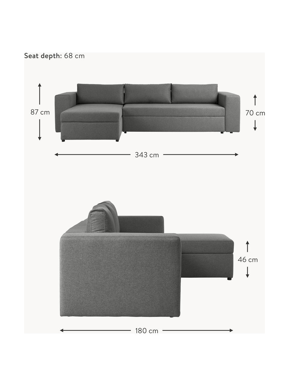 Divano letto grande 4 posti con contenitore Noah, Rivestimento: poliestere Con 115.000 ci, Struttura: legno massiccio di faggio, Piedini: plastica, Tessuto grigio scuro, Larg. 343 x Prof. 180 cm, chaise-longue a sinistra