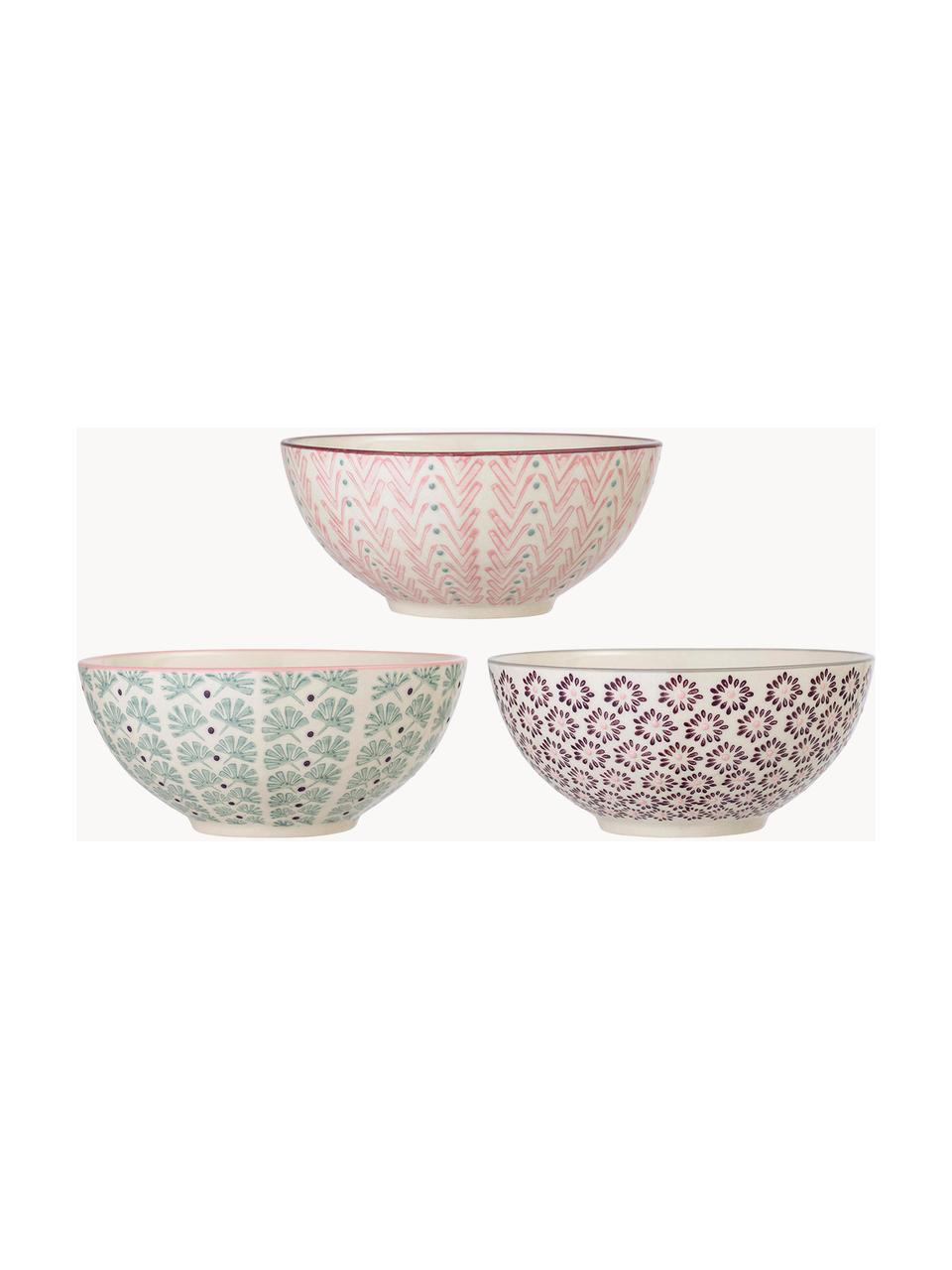 Set 3 ciotole con motivo piccolo Maya, Gres, Bianco crema, rosa, lilla, verde, Ø 17 x Alt. 8 cm