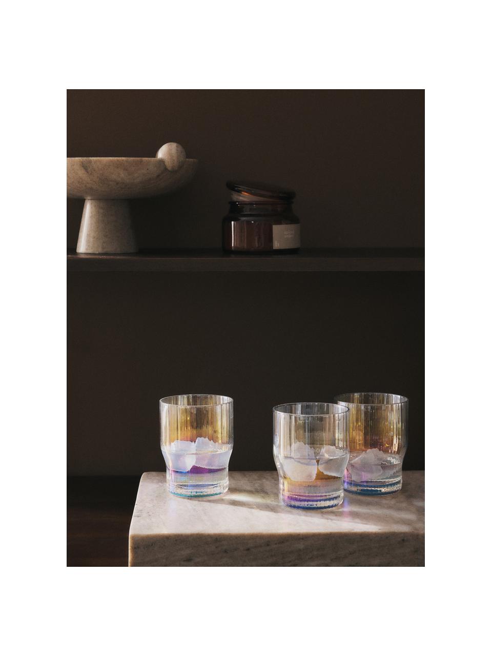 Ručně foukané sklenice s reliéfem drážek a perleťovým leskem Juno, 4 ks, Sodnovápenaté sklo, Transparentní, Ø 9 cm, V 11 cm, 400 ml