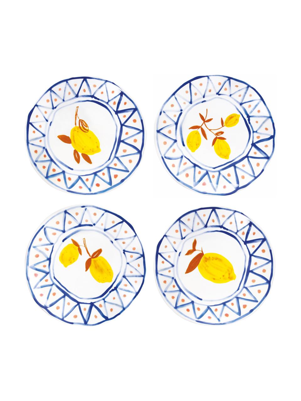 Set 4 piatti per pane dipinti con motivo limoni Rafika, Gres, Bianco, blu, arancione, giallo, Ø 16 cm
