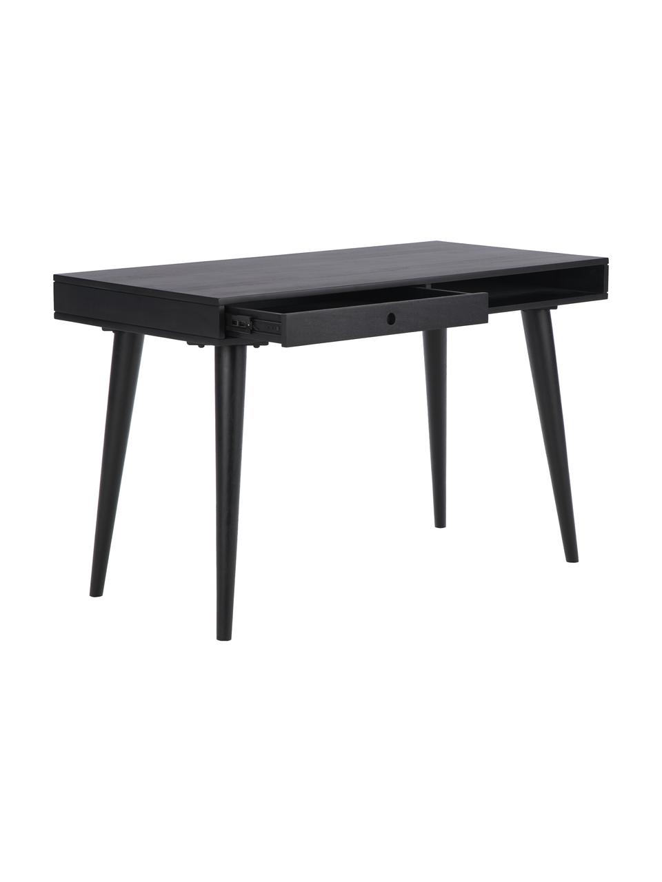 Scrivania con cassetto in legno massiccio Tova, Legno di mango massiccio, laccato, Legno di mango laccato nero, Larg. 117 x Prof. 60 cm
