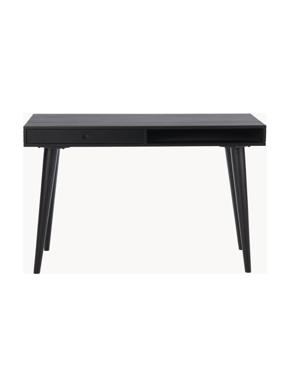 Bureau Tova van massief hout met lades, Massief gelakt mangohout

Dit product is gemaakt van duurzaam geproduceerd, FSC®-gecertificeerd hout., Mangohout, zwart gelakt, B 117 x D 60 cm