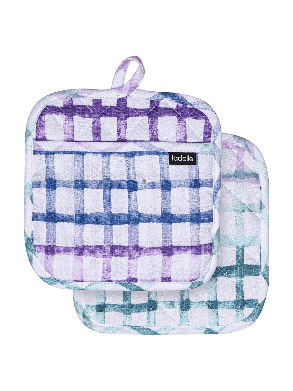 Kárované podložky pod hrnce Trinny, 2 ks, 100% bavlna, Bílá, fialová, modrá, Š 21 cm, D 21 cm