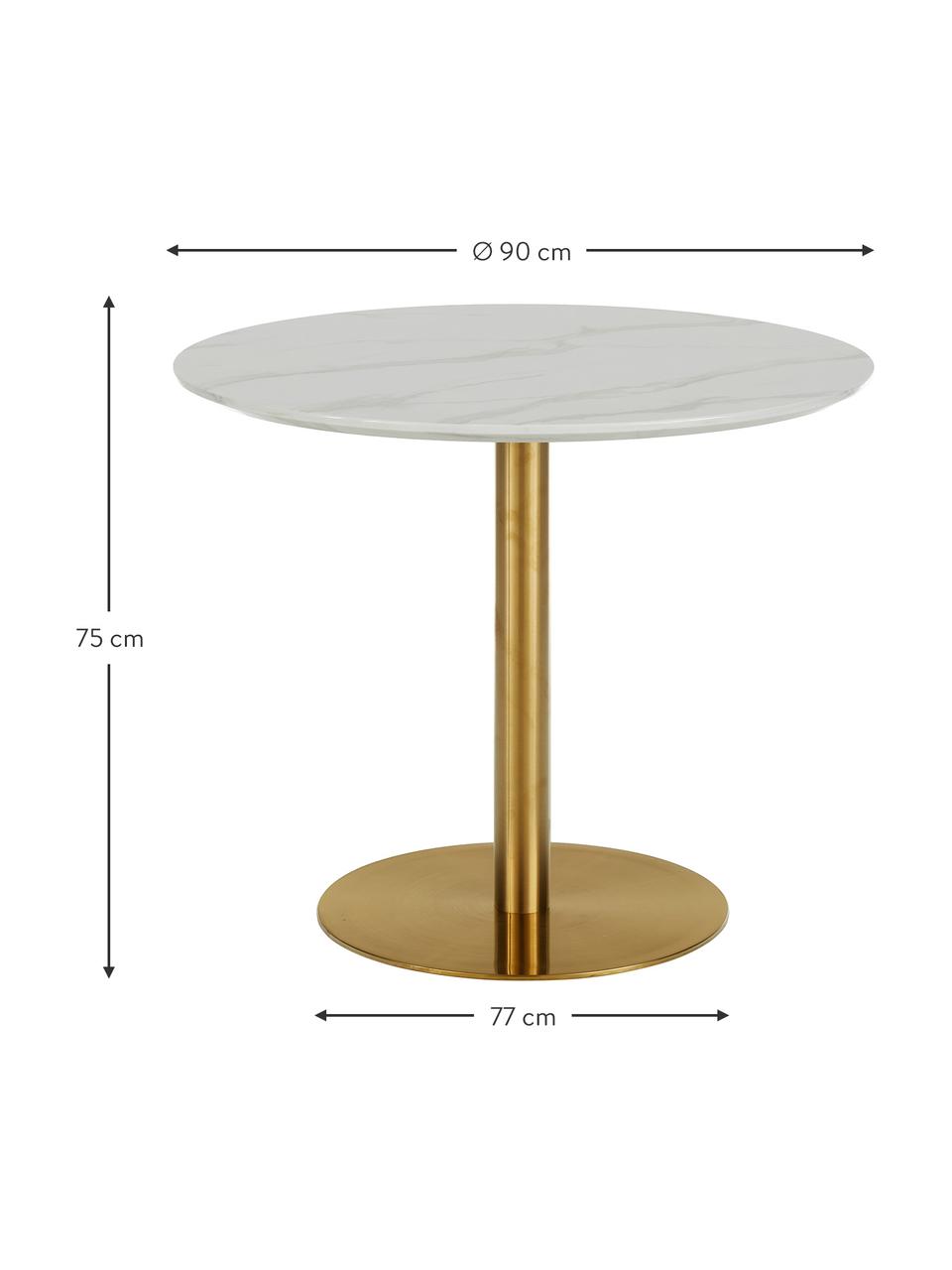 Kulatý jídelní stůl v mramorovém vzhledu Karla, Ø 90 cm, Bílá, mramorovaná, zlatá, Ø 90 cm, V 75 cm