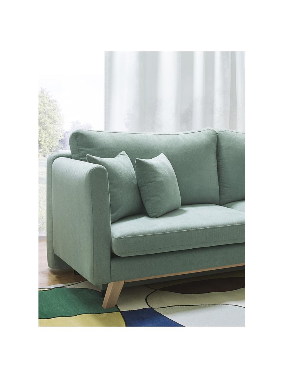 Divano letto 3 posti con contenitore in velluto verde Triplo, Rivestimento: 100% poliestere effetto v, Piedini: metallo verniciato, Struttura: legno massiccio e truciol, Velluto verde menta, legno di faggio, Larg. 216 x Prof. 105 cm