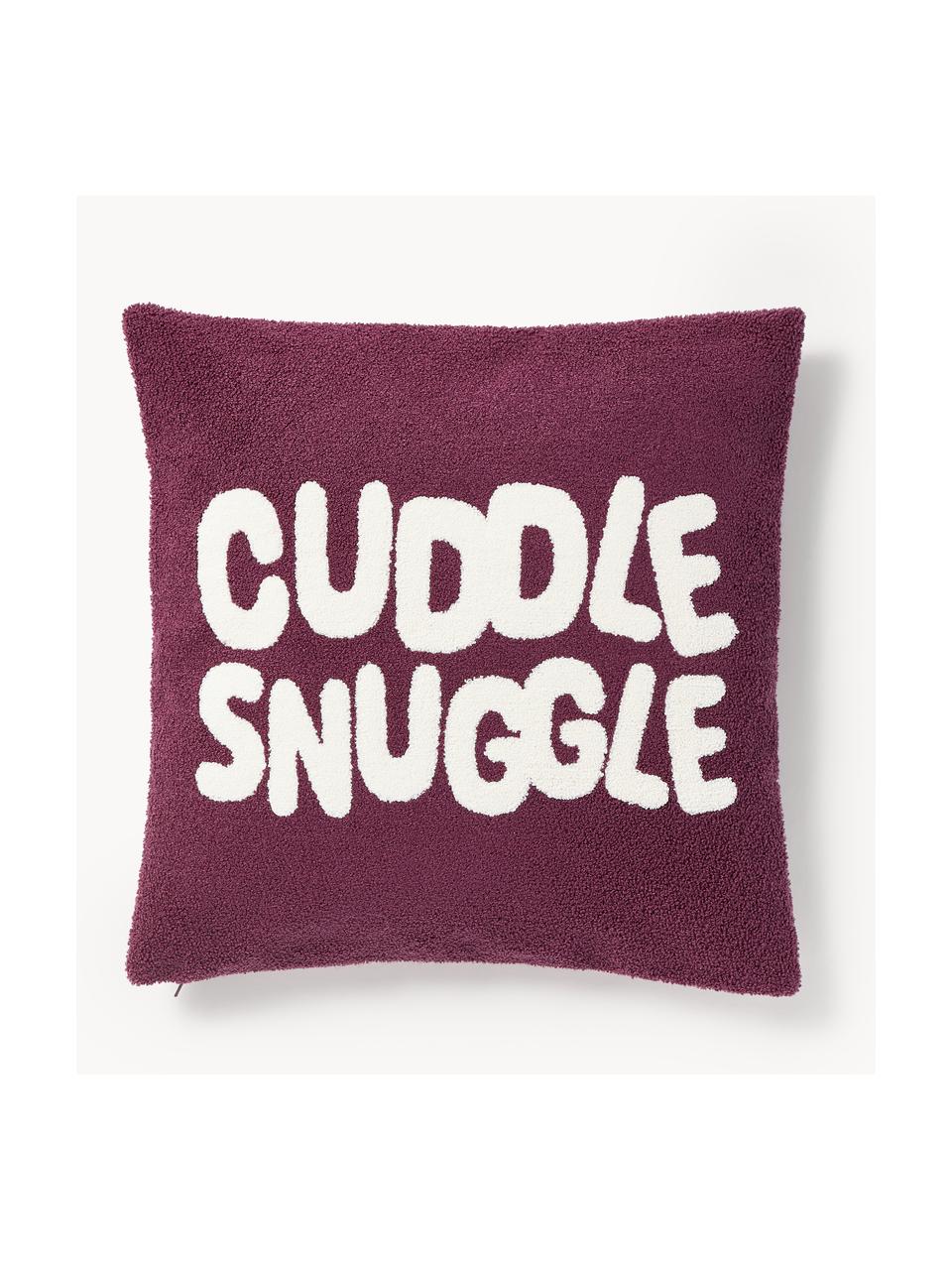 Housse de coussin hivernale avec slogan Janara, 100% coton, Prune, blanc, larg. 45 x long. 45 cm