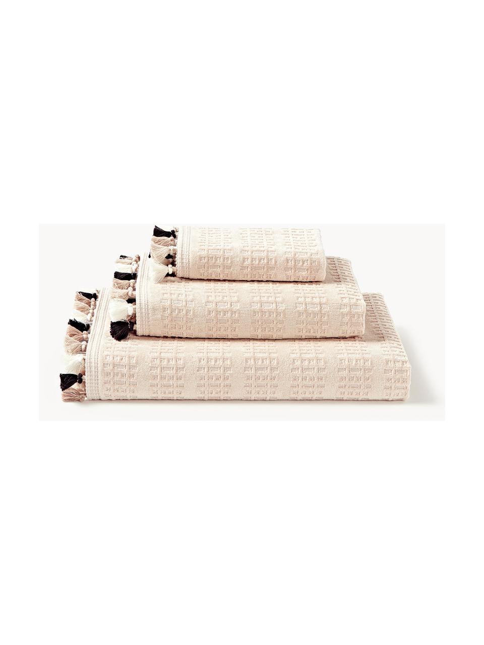 Lot de serviettes de bain en velours avec franges Tallulah, set de tailles variées, Tons blanc et beiges, 4 éléments (2 serviettes de toilette et 2 draps de bain)