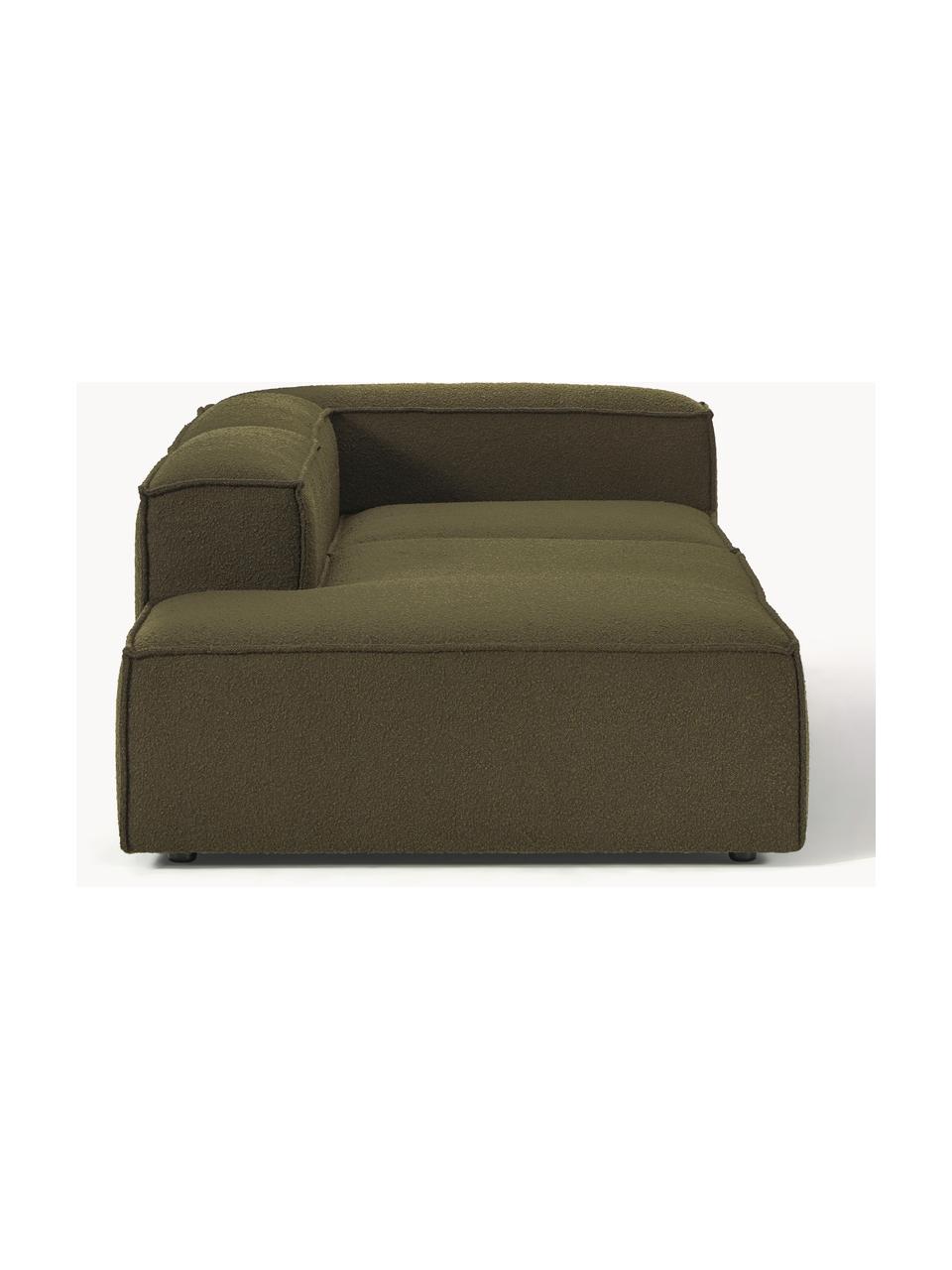 Modulaire chaise longue Lennon uit bouclé, Bekleding: bouclé (100% polyester) M, Frame: massief grenenhout, multi, Poten: kunststof Dit product is , Bouclé olijfgroen, B 269 x D 119 cm, armleuning rechts