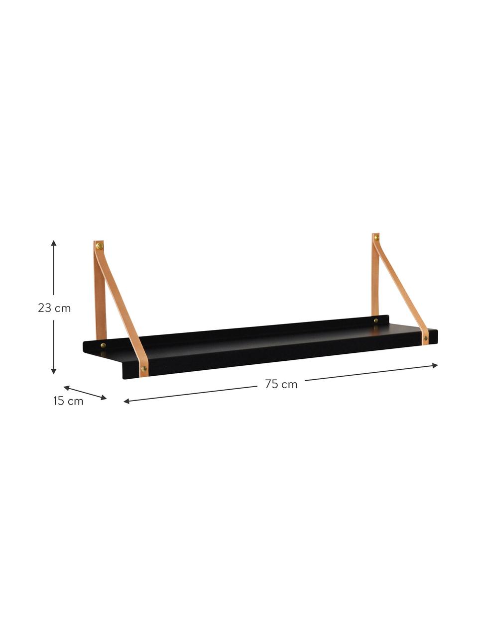 Wandplank Shelfie, Plank: gepoedercoat metaal, Riemen: leer, Zwart, bruin, B 75 x D 15 cm