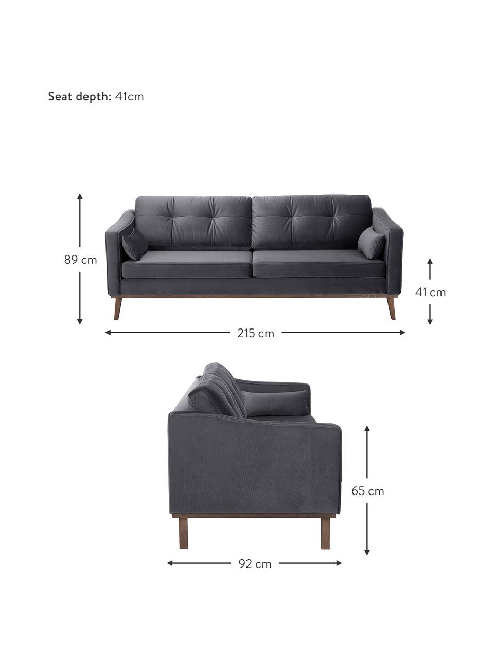 Divano 3 posti in velluto grigio scuro Alva, Rivestimento: velluto (copertura in pol, Struttura: legno di pino massiccio, Piedini: legno massello di faggio,, Velluto grigio scuro, Larg. 215 x Alt. 92 cm