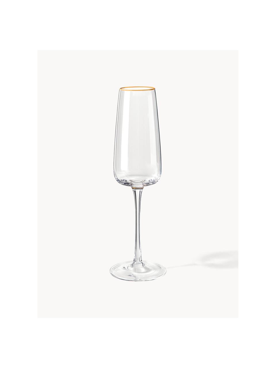 Copas flauta de champán de vidrio soplado artesanalmente Ellery, 4 uds., Vidrio, Transparente con borde dorado, Ø 7 x Al 23 cm