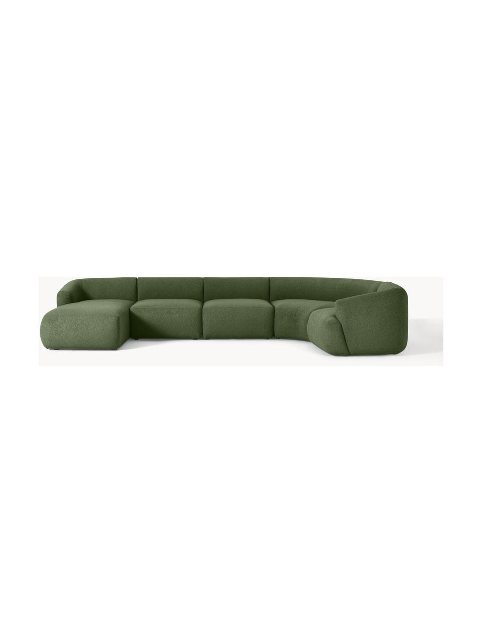 Sofá rinconera modular en tejido bouclé Sofia, Tapizado: tejido bouclé (100% polié, Estructura: madera de abeto, tablero , Patas: plástico Este producto es, Bouclé verde oscuro, An 404 x F 231 cm, esquina derecha