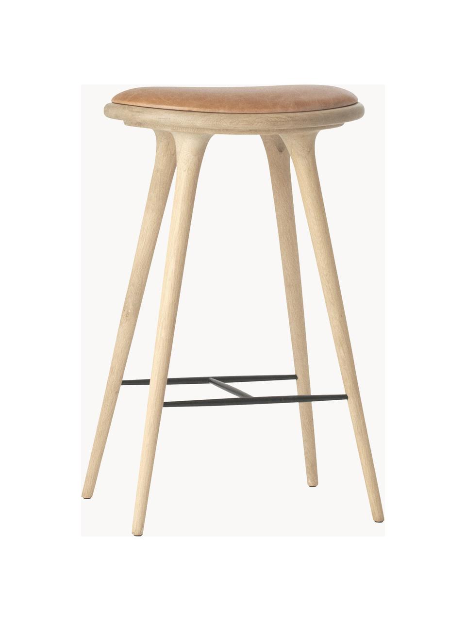 Barkruk High Stool, Poten: eikenhout, ingezeept, Zitvlak: leer, Lichtbruin, H 74 cm