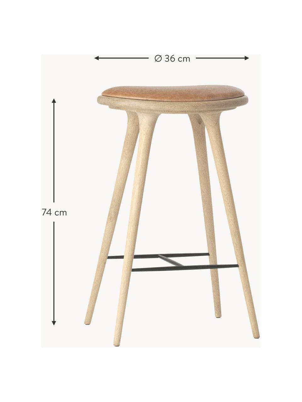 Barkruk High Stool, Poten: eikenhout, ingezeept, Zitvlak: leer, Lichtbruin, H 74 cm