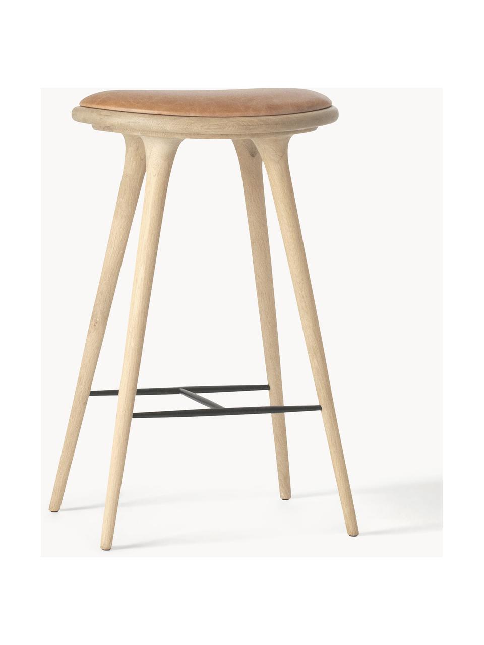 Eichenholz-Barhocker High Stool, Gestell: Eichenholz, geseift, Bezug: Leder, Leder Hellbraun, Eichenholz, B 45 x H 74 cm