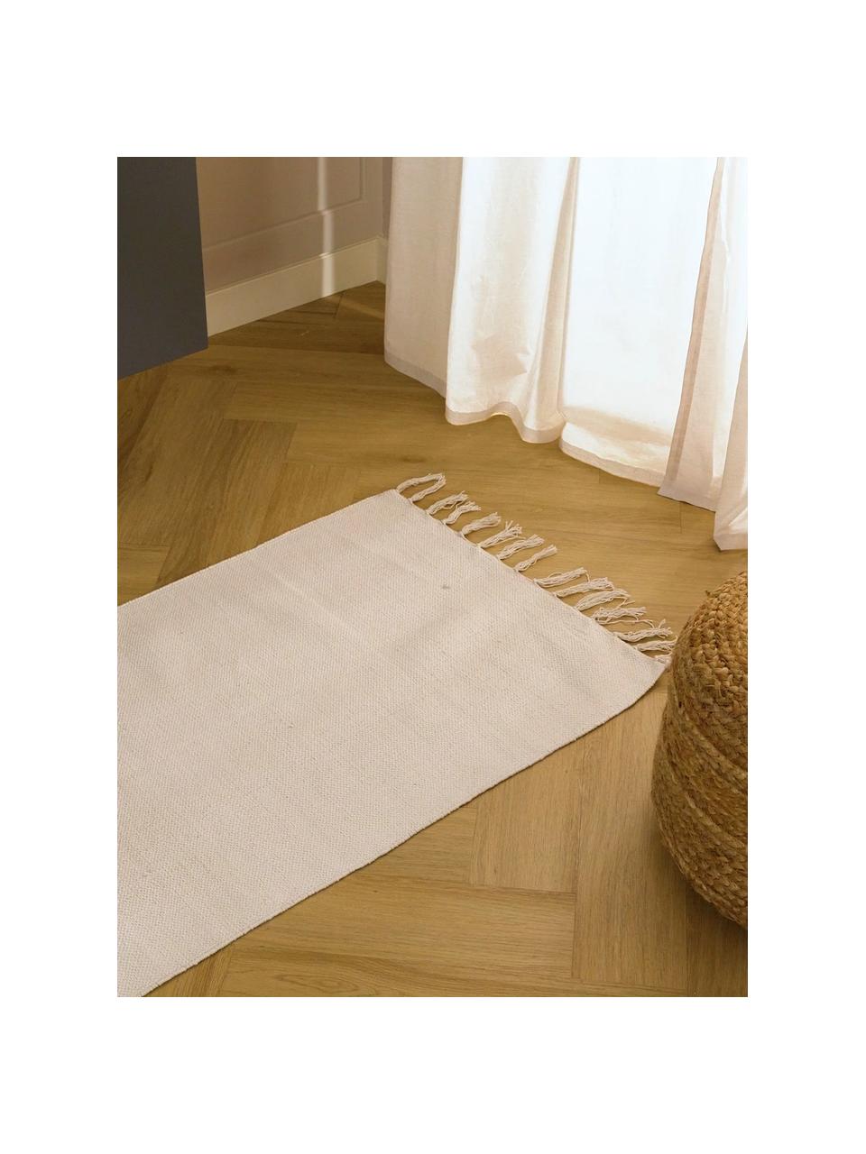 Tapis fin de couloir, blanc crème, tissé main Agneta, 100 % coton, Blanc crème, larg. 70 x long. 250 cm