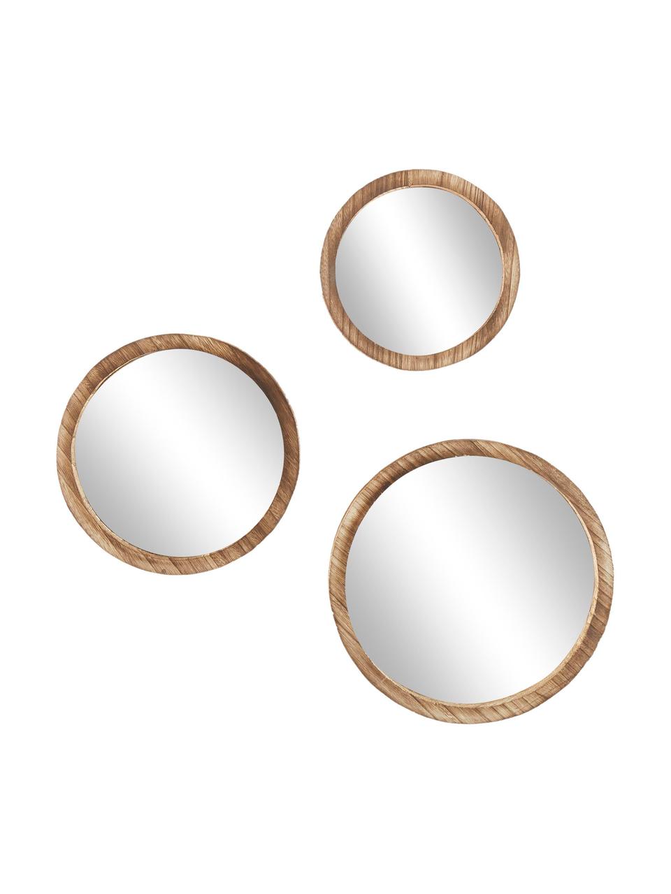 Sada nástěnných kulatých zrcadel s dřevěným rámem z paulovnie Jones, 3 díly, Dřevo, Sada s různými velikostmi