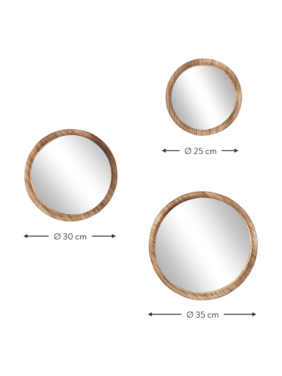 Komplet okrągłych luster ściennych z drewna paulownia Jones, 3 elem., Brązowy, Komplet z różnymi rozmiarami