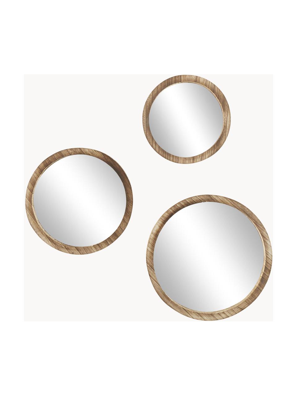 Súprava okrúhlych nástenných zrkadiel s dreveným rámom Jones, 3 diely, Svetlé drevo, Súprava s rôznymi veľkosťami
