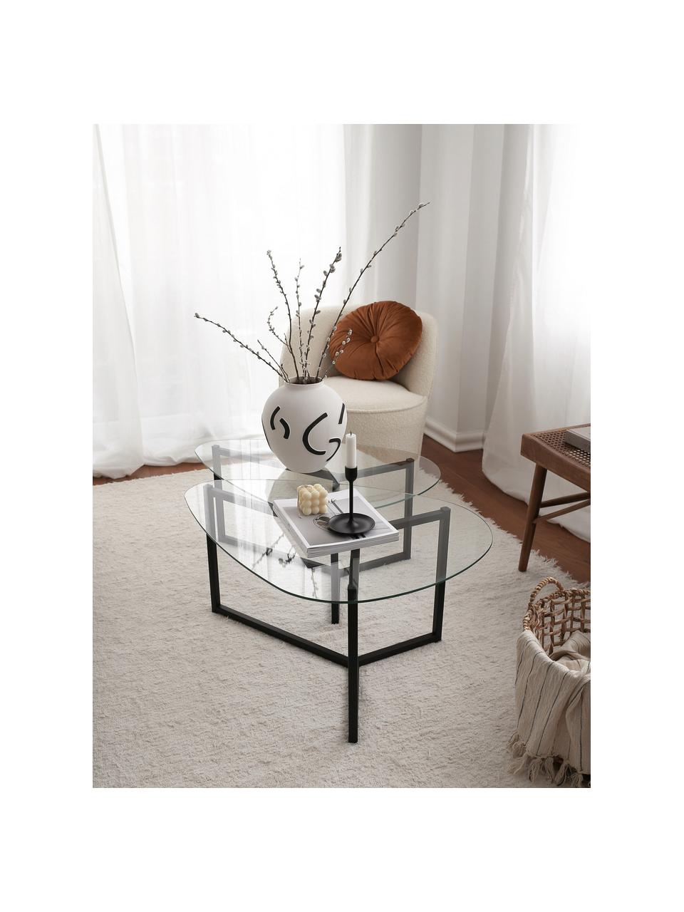 Mesas de centroTritri, 2 uds., tablero de vidrio, Tablero: vidrio laminado, Estructura: madera, Negro, transparente, Set de diferentes tamaños