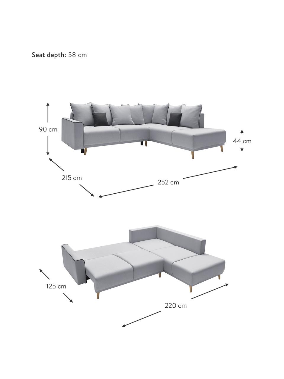 Divano letto angolare in tessuto grigio con contenitore Mola, Rivestimento: poliestere, Grigio, Larg. 252 x Prof. 215 cm