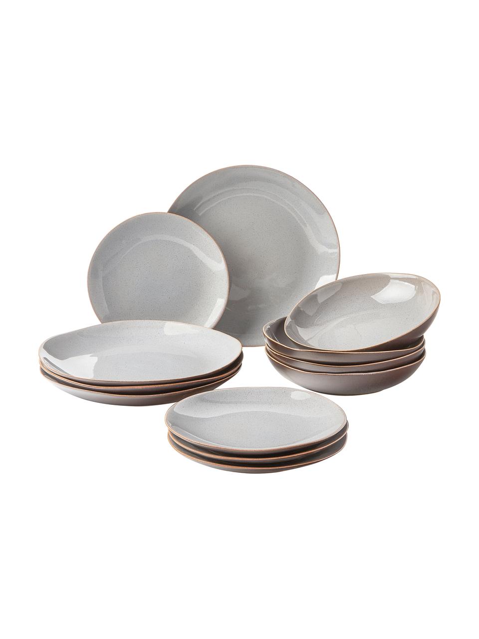 Service de table avec émail réactif Hali, pour 4 personnes (12 élém.), Grès cérame, émaillé, Bleu-gris avec bord brun, Lot de différentes tailles