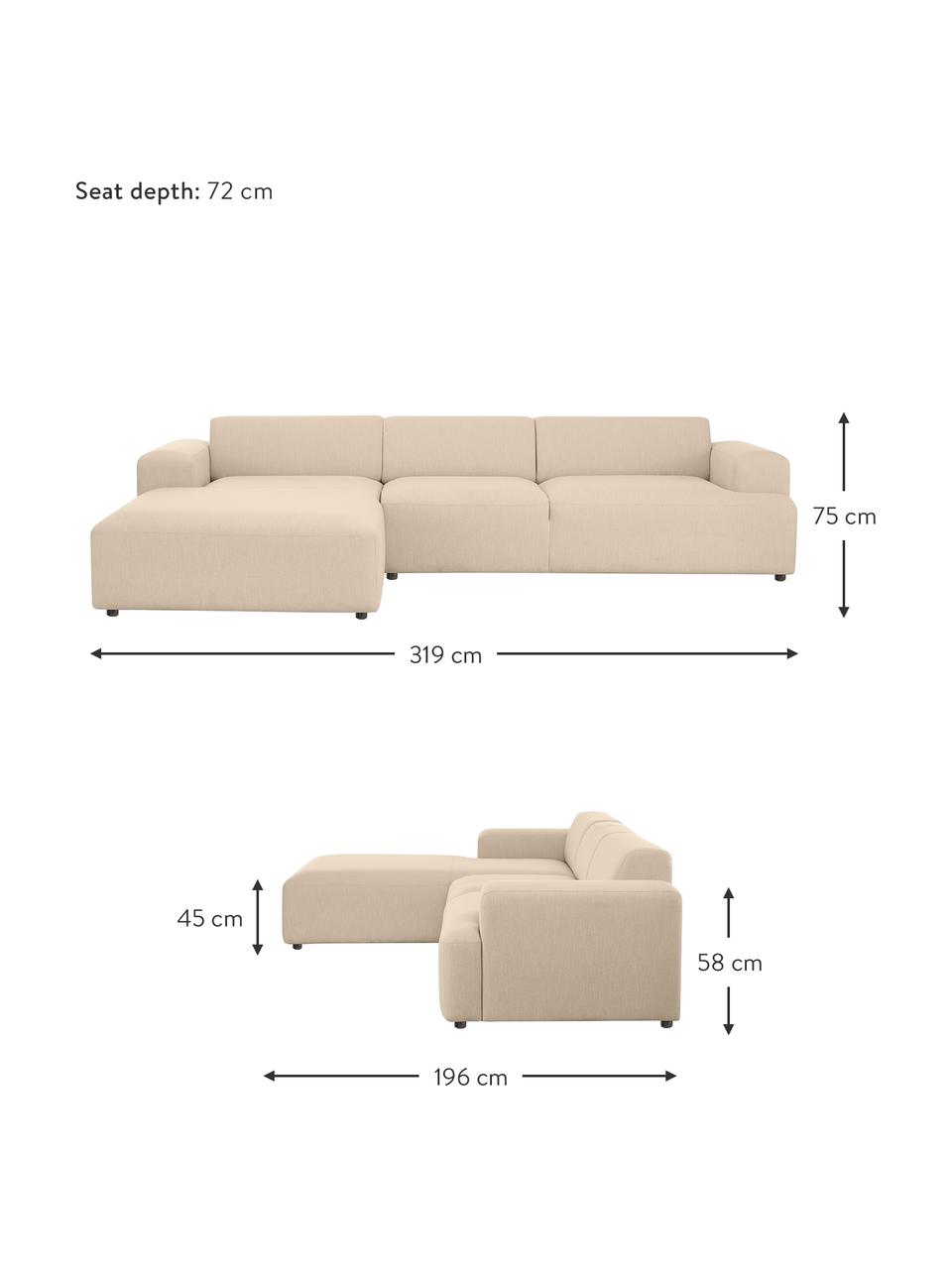 Divano angolare a 4 posti Melva, Rivestimento: 100% poliestre Il rivesti, Struttura: pino massiccio, certifica, Tessuto beige, Larg. 319 x Prof. 196 cm, chaise-longue a sinistra