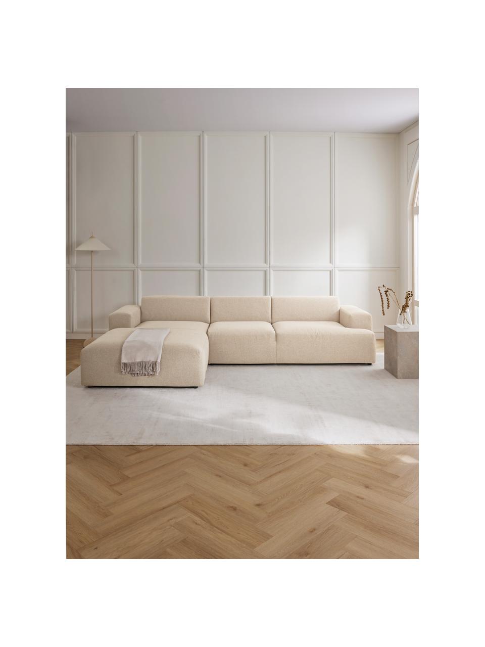 Divano angolare a 4 posti Melva, Rivestimento: 100% poliestre Il rivesti, Struttura: pino massiccio, certifica, Tessuto beige, Larg. 319 x Prof. 196 cm, chaise-longue a sinistra