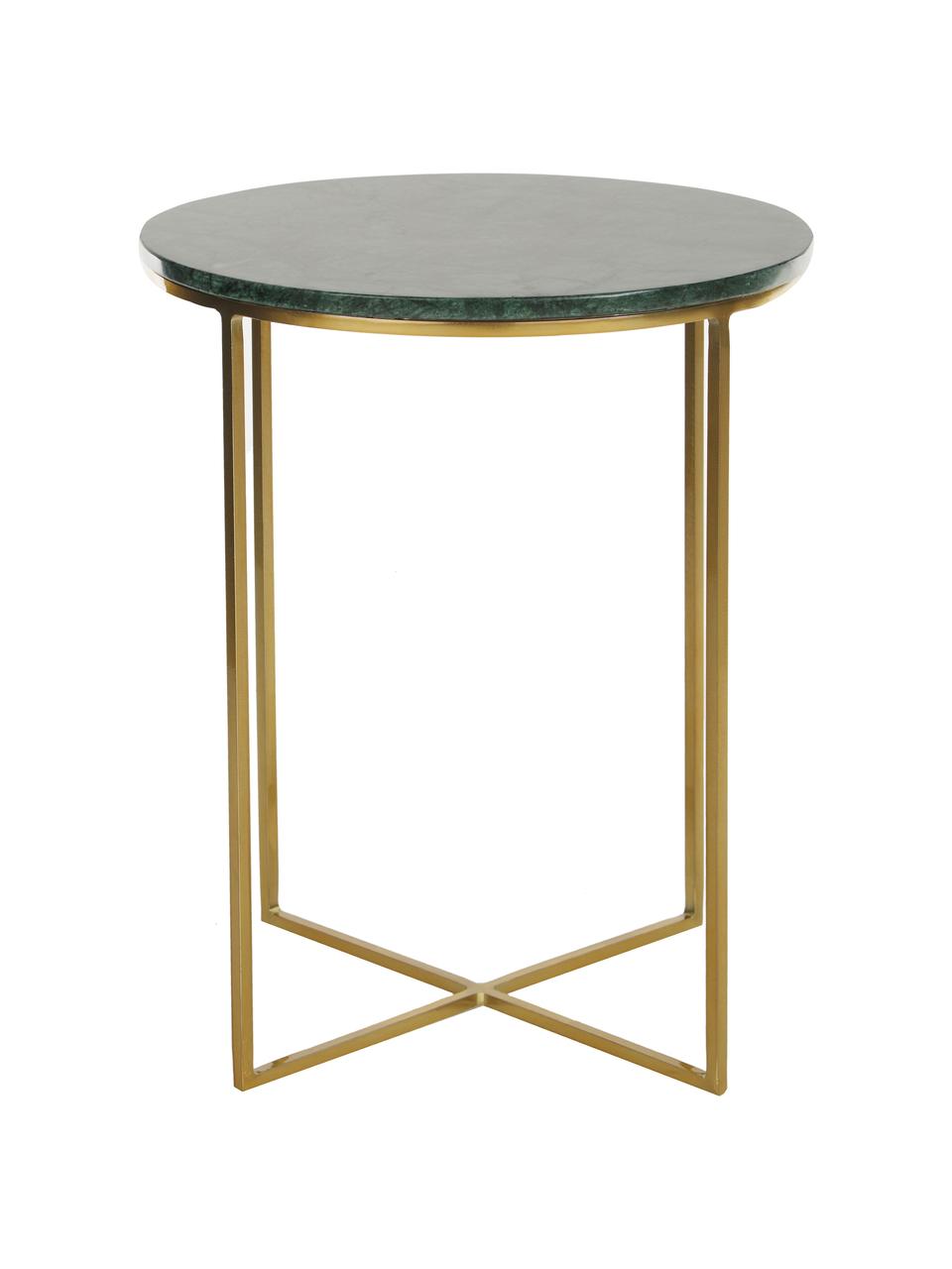 Okrągły stolik pomocniczy z marmuru Alys, Blat: marmur, Stelaż: metal malowany proszkowo, Blat: zielony marmur Stelaż: odcienie złotego, błyszczący, Ø 40 x W 50 cm