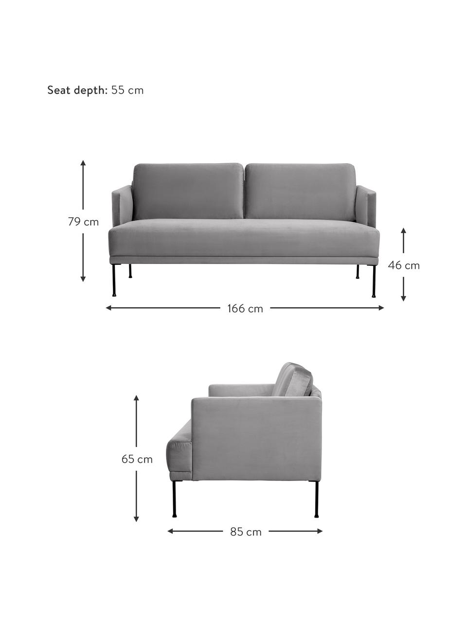 Divano 2 posti in velluto Fluente, Rivestimento: velluto (copertura in pol, Struttura: legno di pino massiccio, , Piedini: metallo verniciato a polv, Velluto grigio, Larg. 166 x Prof. 85 cm