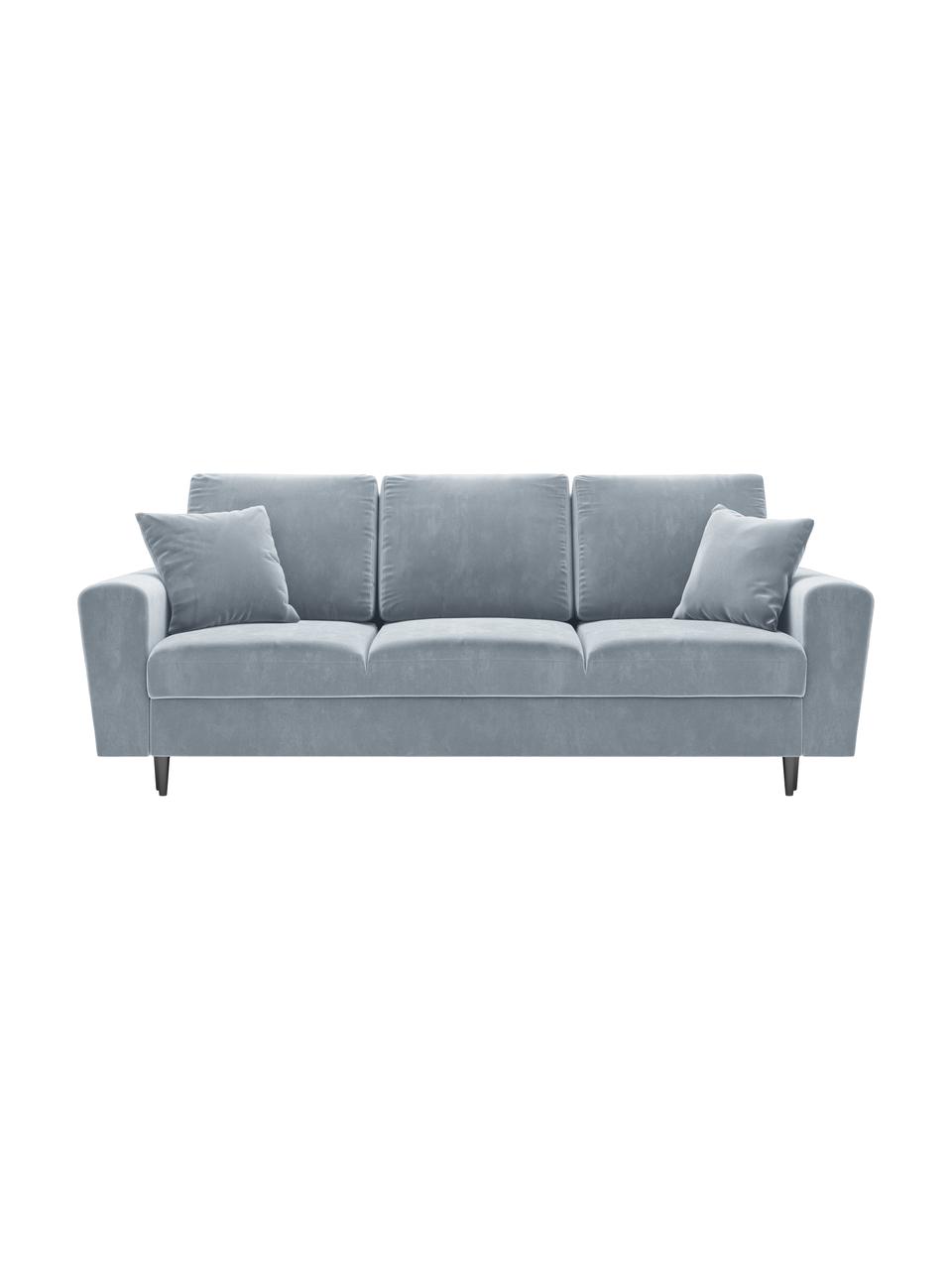 Fluwelen slaapbank Moghan (3-zits) met opbergruimte, Bekleding: polyester fluweel Met 50., Frame: massief grenen, triplex, , Poten: metaal, gelakt, Fluweel lichtblauw, zwart, B 235 x D 100 cm