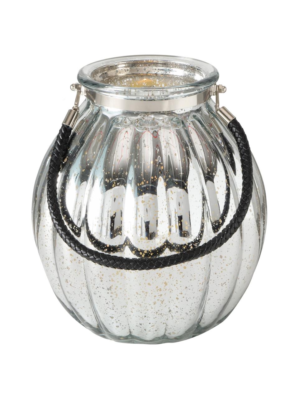 Windlicht Tubby aus verspiegeltem Glas, Windlicht: Glas, lackiert, Griff: Kunstleder, Silberfarben, Schwarz, Ø 22 x H 25 cm