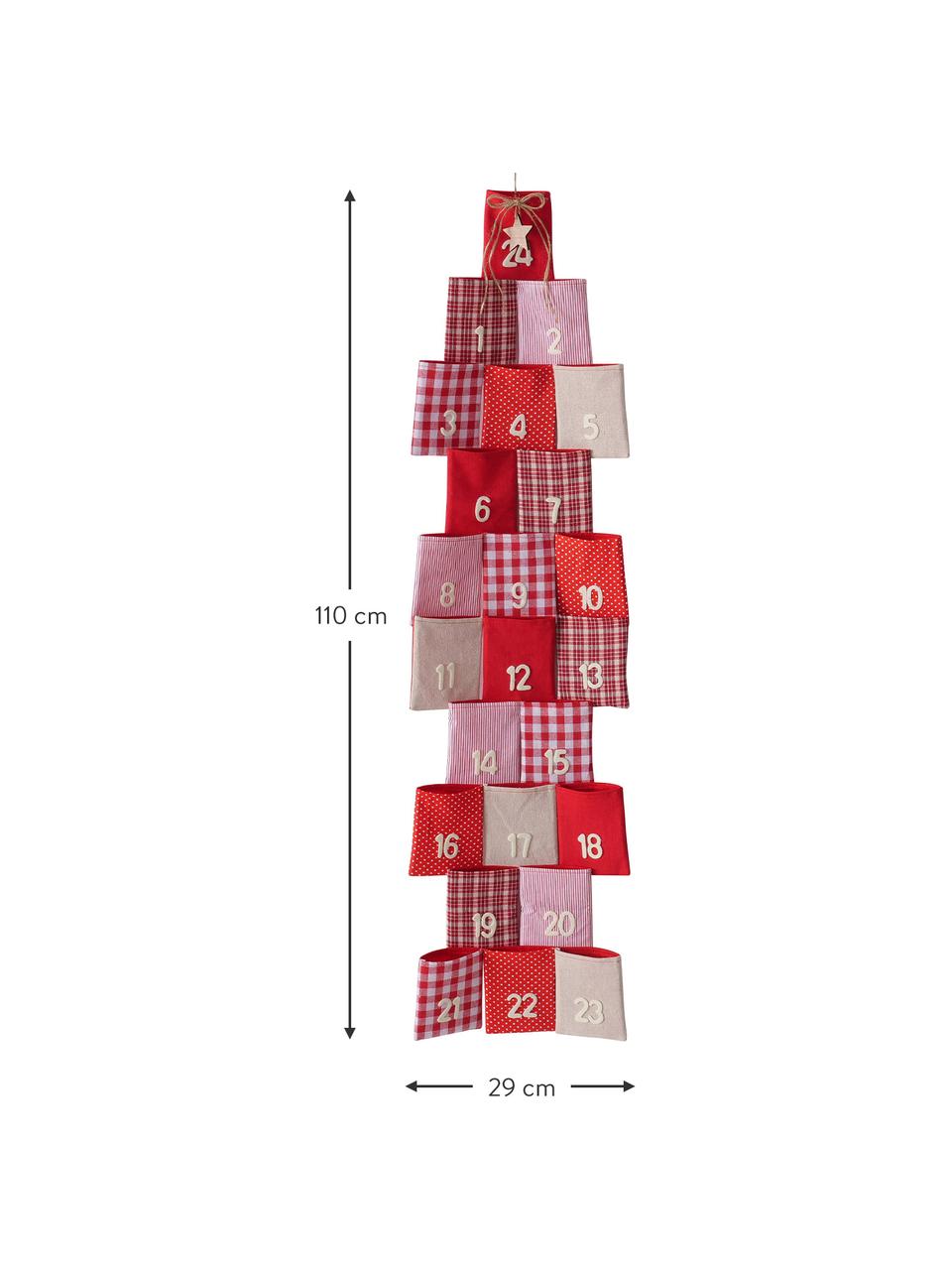 Adventskalender Edala H 110 cm, Baumwolle, Polyester-Filz, Rot, Weiss, Beige, B 29 x H 110 cm