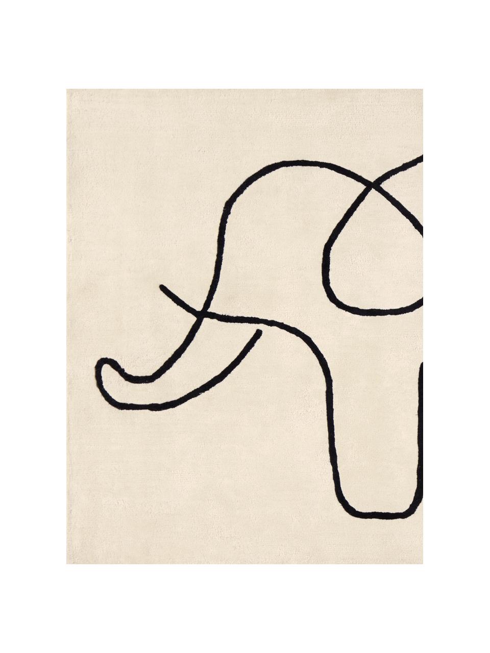 Tappeto con elefante Sketchy Elephant, Viscosa, Bianco crema, nero, Larg. 130 x Lung. 190 cm