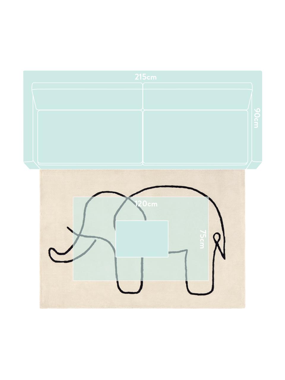 Tappeto con elefante Sketchy Elephant, Viscosa, Bianco crema, nero, Larg. 130 x Lung. 190 cm