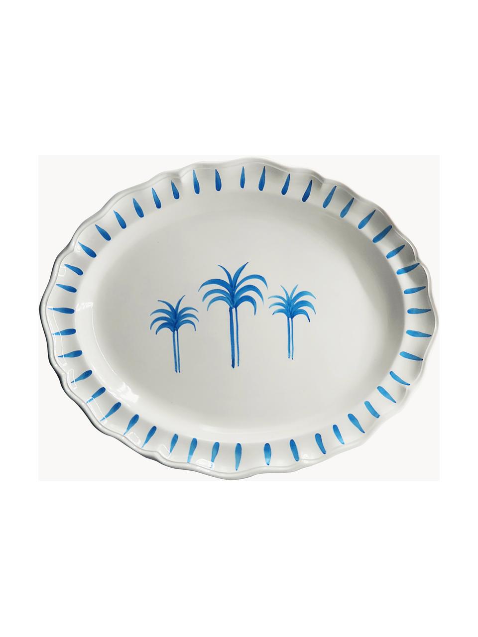 Handbemalte Servierplatte The Palms, Keramik, Weiss, Blau, B 53 x T 43 cm